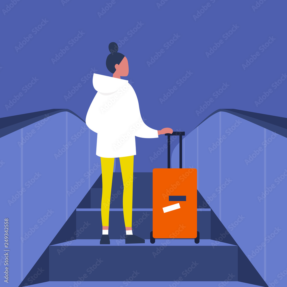 Young female passenger going up on the escalator with the baggage. Airport. Subway station. Travel. Flat editable vector illustration, clip art