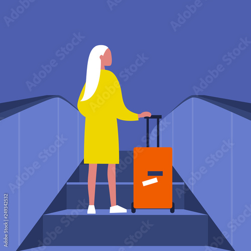Young blonde female passenger going up on the escalator with the baggage. Airport. Subway station. Travel. Flat editable vector illustration, clip art