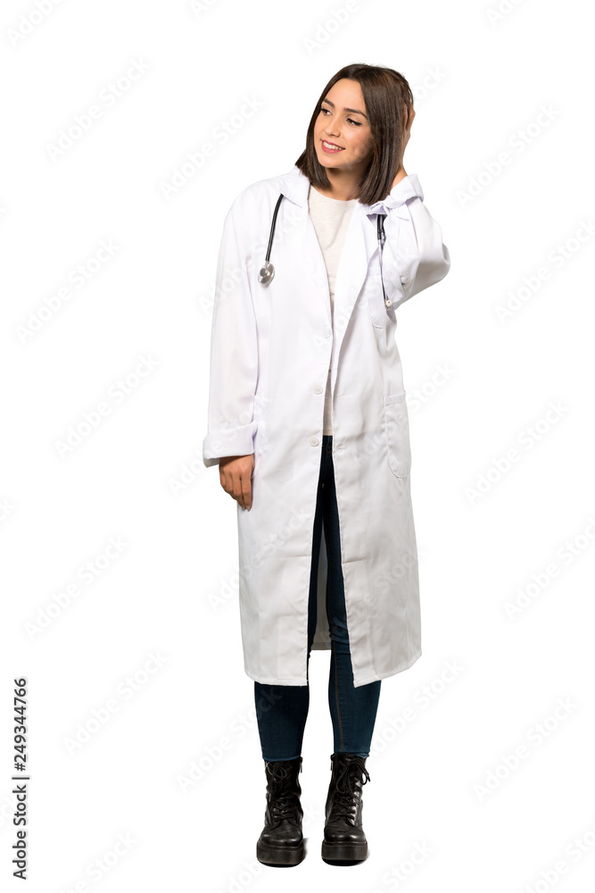 A full-length shot of a Young doctor woman thinking an idea while scratching head over isolated white background A full-length shot of a Young doctor woman thinking an idea while scratching head over isolated white background