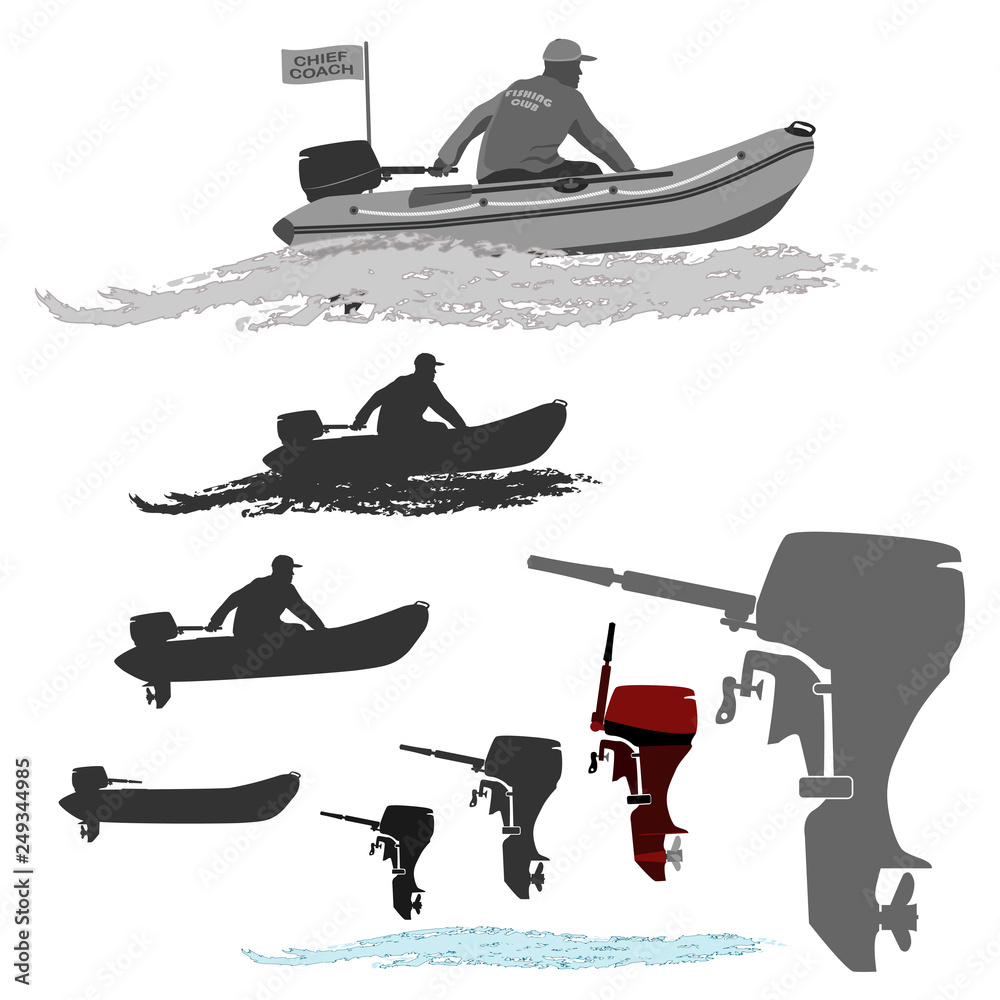 Φωτογραφία head coach of the club fishermen rides on a rubber boat with a motor