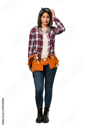 A full-length shot of a Young worker woman having doubts over isolated white background