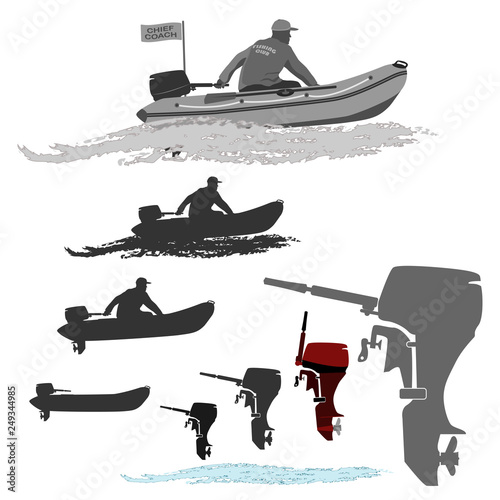 head coach of the club fishermen rides on a rubber boat with a motor. set of silhouettes. totally vector illustration