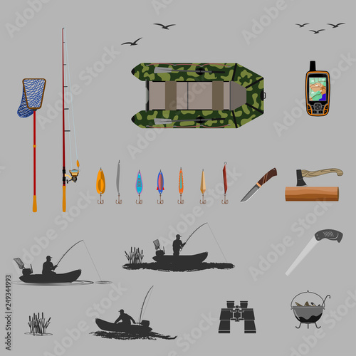 The head coach of the club of fishermen rides on a rubber boat with a motor. Fisherman in a boat is fishing. Various jigger, ax, spinning. set of silhouettes. full vector illustration