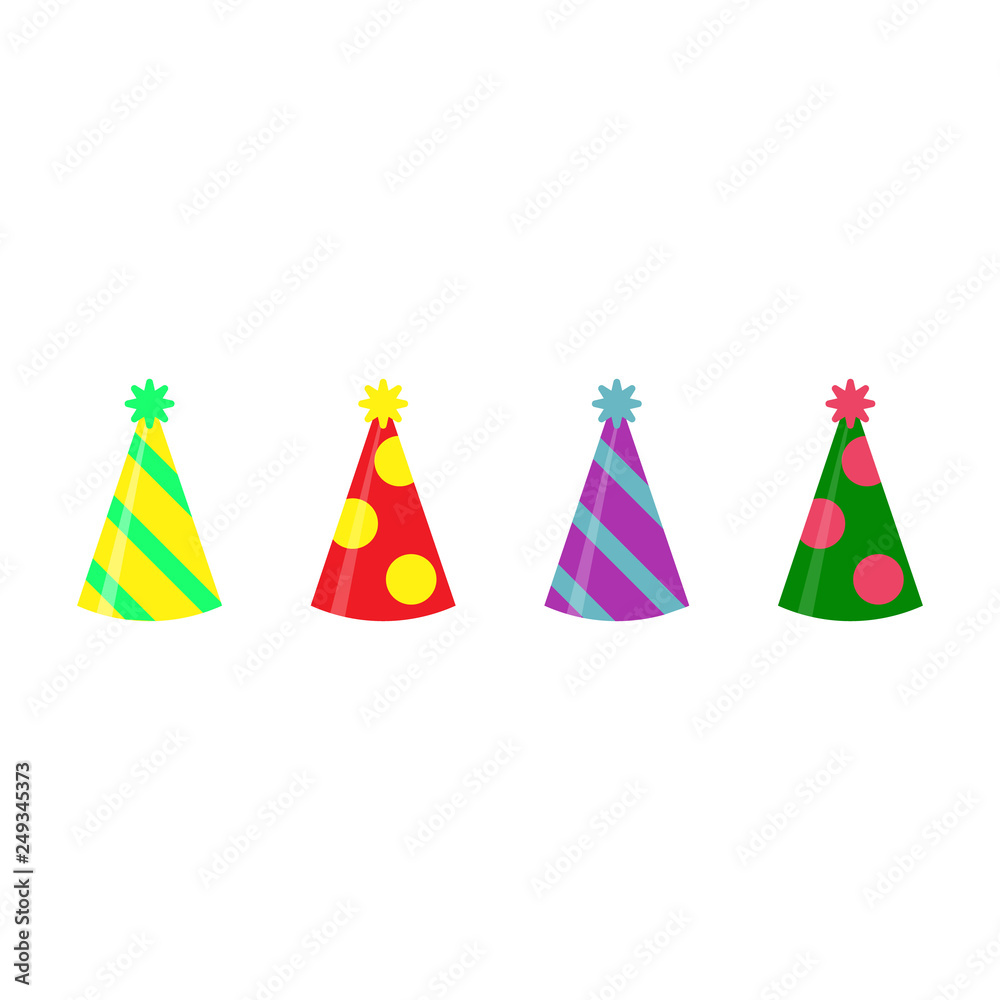 Party hat set isolated on a white. Birthday hat set. Vector fun decoration. Colorful surprise costume. Party hat set isolated on a white. Birthday hat set. Vector fun decoration. Colorful surprise costume.