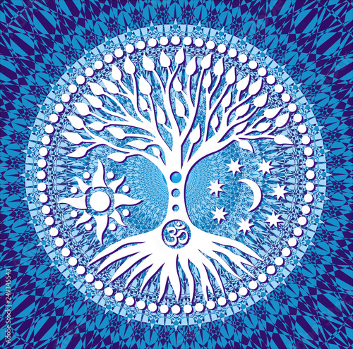 Mandala Tree of Life. Symbolic tree on blue tracery background. Symbols of the sun, moon and aum / om / ohm sign. Vector graphics.