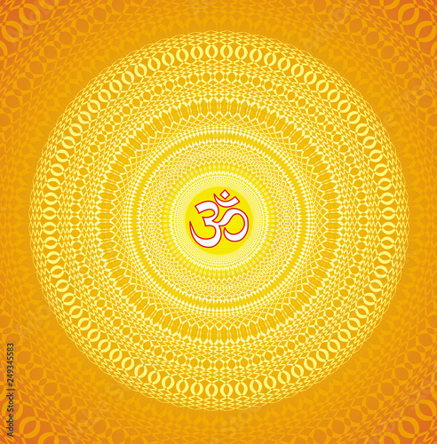 Openwork square mandala with Aum / Ohm / Om sign in the center. Circular ornament in yellow tones. Vector graphics.