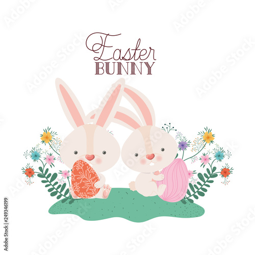 easter bunny label with egg and flowers icon