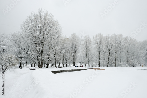 Photography Park in the city covered by snow in winter