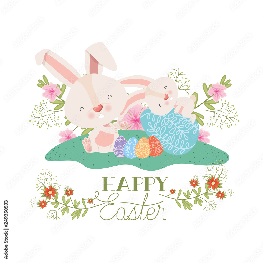 happy easter label with egg and flowers icon happy easter label with egg and flowers icon