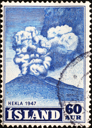 Eruption of vulcan Hekla on vintage icelandic stamp