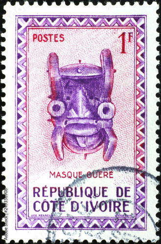 Wooden mask on postage stamp of Ivory Coast