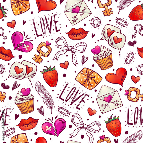Seamless pattern with decorative elements for Valentine s Day. Freehand drawing