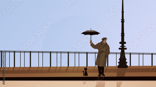 Photography man on the rainy street with an umbrella and a cat.
