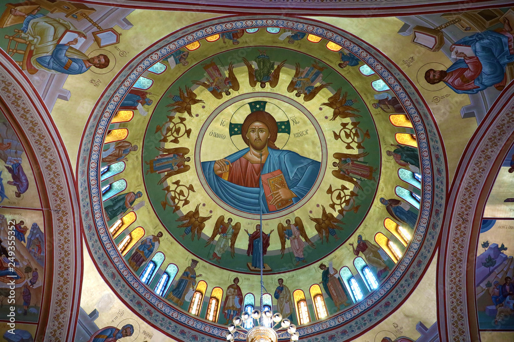 SANTORINI, GREECE - JULY 19, 2018: interior of the Orthodox Cathedral in Fira, Santorini, Greece