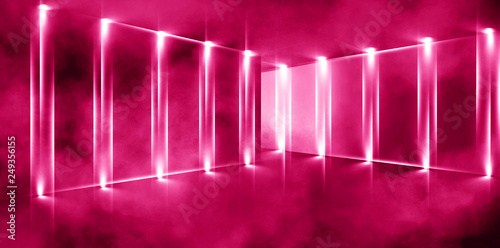 background of empty room, lamps, neon light, smoke, fog. Product showcase spotlight background. Clean photographer studio. Abstract pink background with rays of light, spotlight. 3D rendering.
