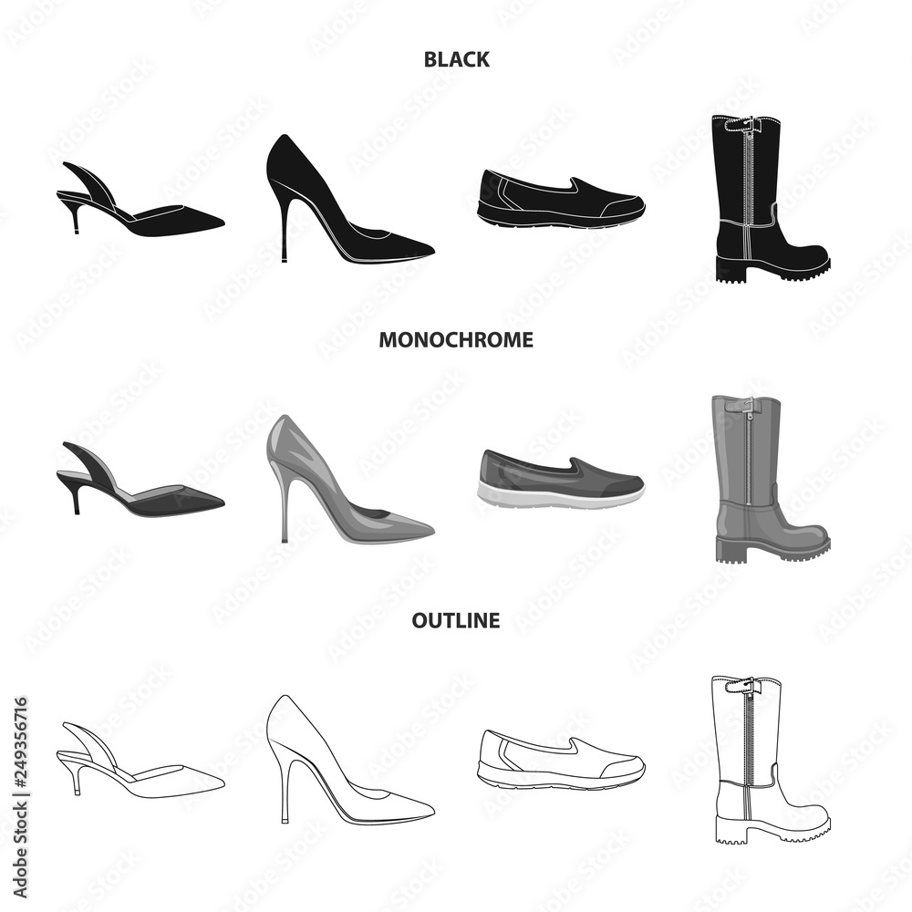 Vector illustration of footwear and woman sign. Collection of footwear and foot vector icon for stock. Vector illustration of footwear and woman sign. Collection of footwear and foot vector icon for stock.