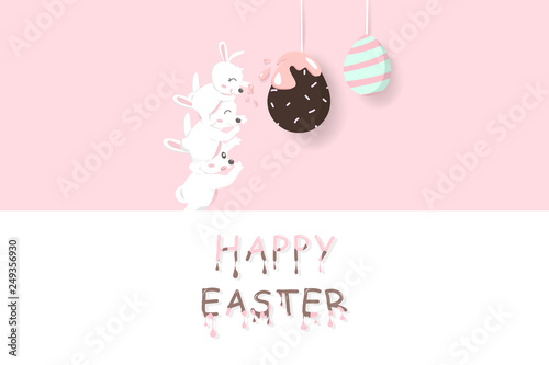 Easter, adorable rabbit carry a baby taste chocolate egg fancy, liquid melted text, greeting card holiday, paper decoration poster, cute bunny cartoon invitation vector illustration