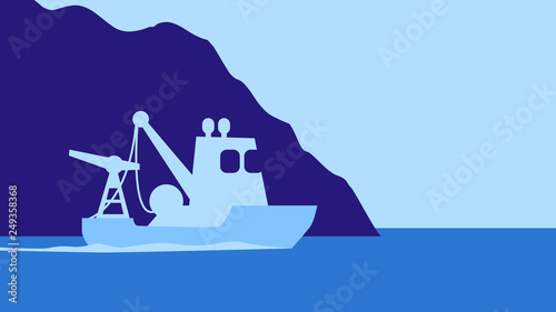 Sign of ship goes to sea, trawler wich crane, winch and locator. Blue and white silhouette. Work of sailor
