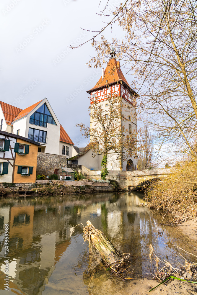 Germany, Old city gate of waiblingen reflecting in water of river rems Germany, Old city gate of waiblingen reflecting in water of river rems
