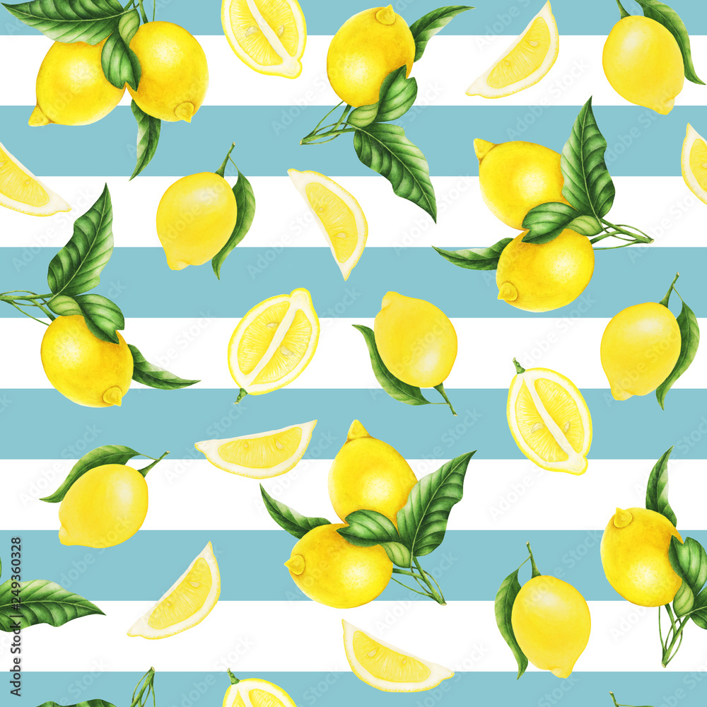 Obraz premium Seamless pattern of lemon, slices of lemon and leaves, watercolor painting. For design cards and patterns.