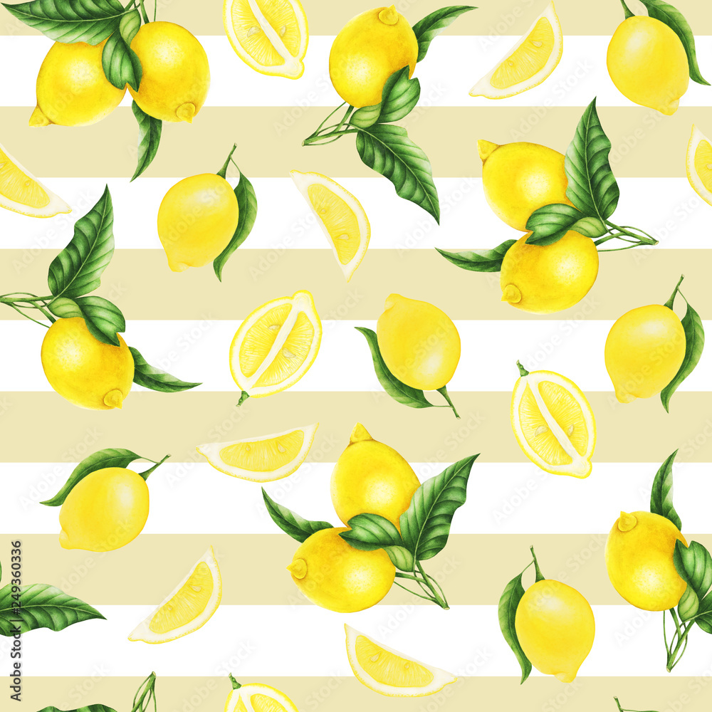 Seamless pattern of lemon, slices of lemon and leaves, watercolor painting. For design cards and patterns. Seamless pattern of lemon, slices of lemon and leaves, watercolor painting. For design cards and patterns.