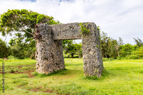 Haamonga a Maui, Ha'amonga 'a Maui or Burden of Maui, a stone trilithon in the Kingdom of Tonga, overgrown in jungle, Tongatapu island, Niutoua village, Heketa. Polynesia, Oceania, South Pacific Ocean