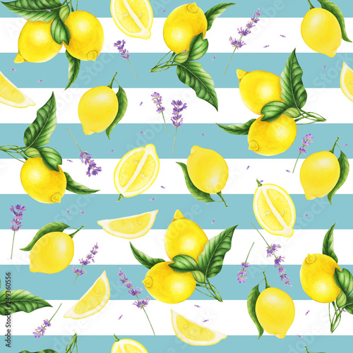 Fototapeta Naklejka Na Ścianę i Meble -  Seamless pattern with lemons, leaves and lavender, watercolor painting. For design cards and textile