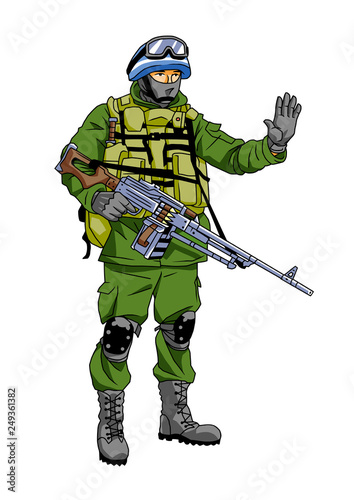 Blue helmet soldier makes a stop sign