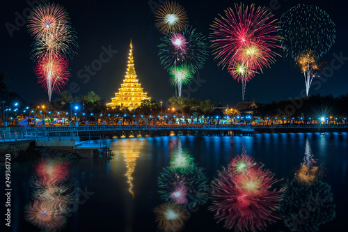Fireworks over Nong Waeng Temple, Royal Monastery, Khon Kaen, Thailand photo