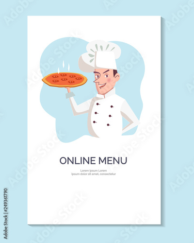 Online pizza order. Chef holding hot pizza. Concept illustration for web design, banner, mobile app. Vector cartoon illustration