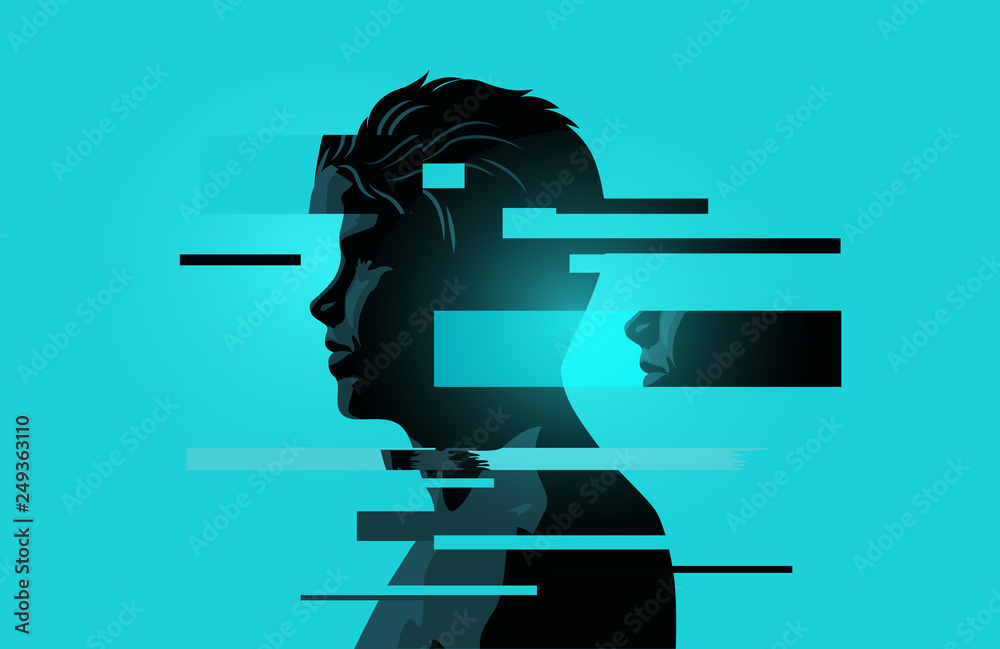 Image Of a Man With Glitch Fragments. Mental health issues. Anxiety, mindfulness and awareness concept. Vector illustration. - obrazy, fototapety, plakaty 