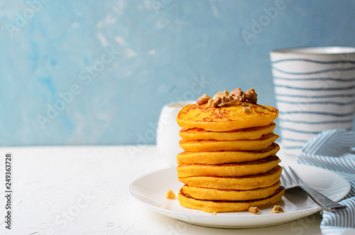 Pumpkin or Carrot Pancakes with Nuts, Stack of Homemade Pancakes
