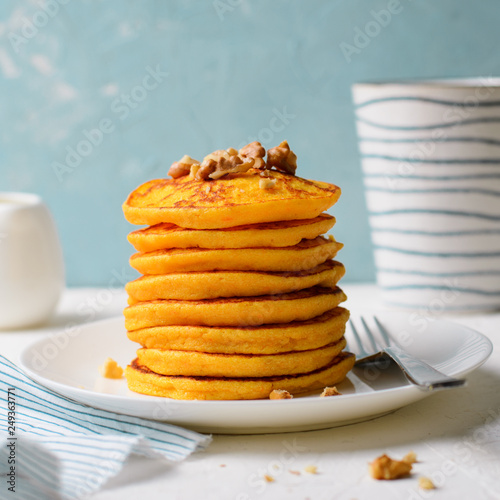 Pumpkin or Carrot Pancakes with Nuts, Stack of Homemade Pancakes