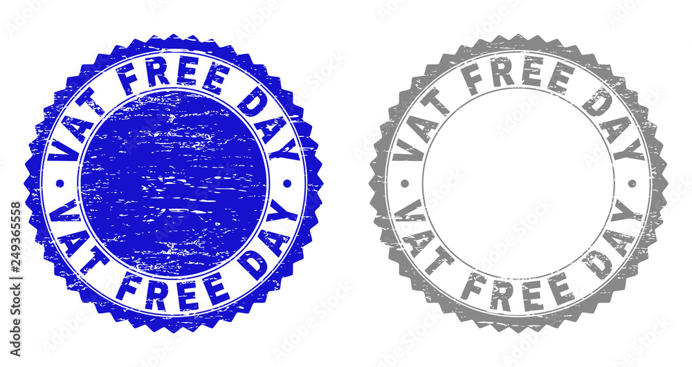 Obraz premium Grunge VAT FREE DAY stamp seals isolated on a white background. Rosette seals with grunge texture in blue and grey colors. Vector rubber overlay of VAT FREE DAY text inside round rosette.