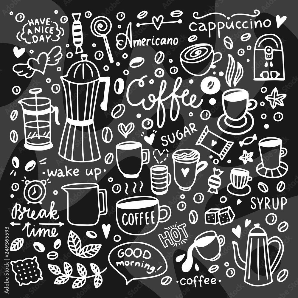 Coffee cups hand drawn illustrations. Vector graphics for cafe: cups, cakes, coffee beans