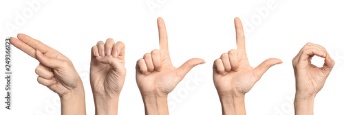 Woman showing word Hello on white background. Sign language