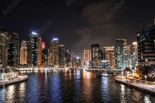 DUBAI, UNITED ARAB EMIRATES - NOVEMBER 03, 2018: Night cityscape of marina district with illuminated buildings