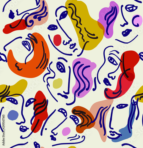 Seamless vector pattern with expressive emotional  faces and colourful hairstyle in midcentury style. Millennials people.