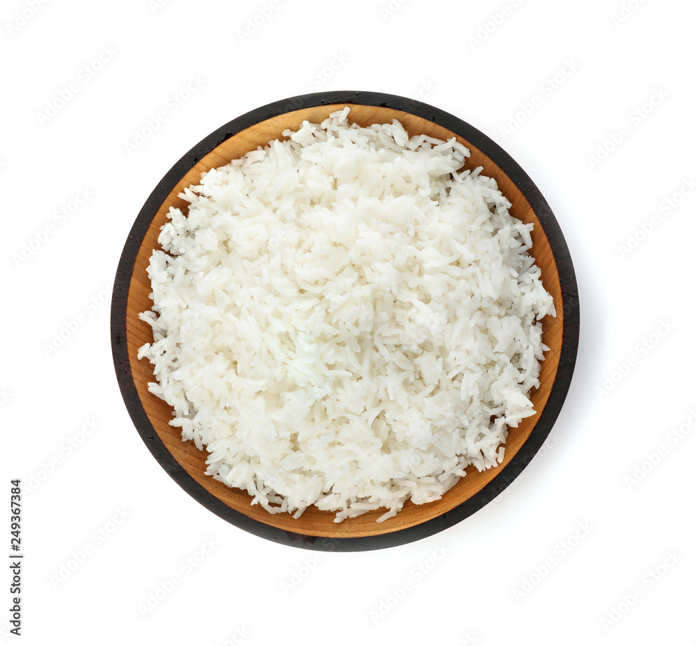 Bowl of boiled rice on white background, top view Bowl of boiled rice on white background, top view