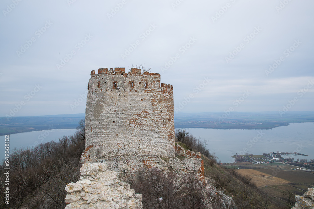 Ruins of a castle in South Moravia lying on the hill of Devin panorama to the castle and its vast surroundings