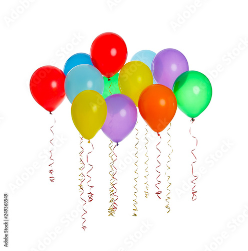 Many colorful balloons floating on white background