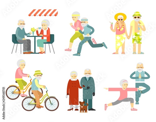 Set of senior man and woman characters in flat style isolated on white background.