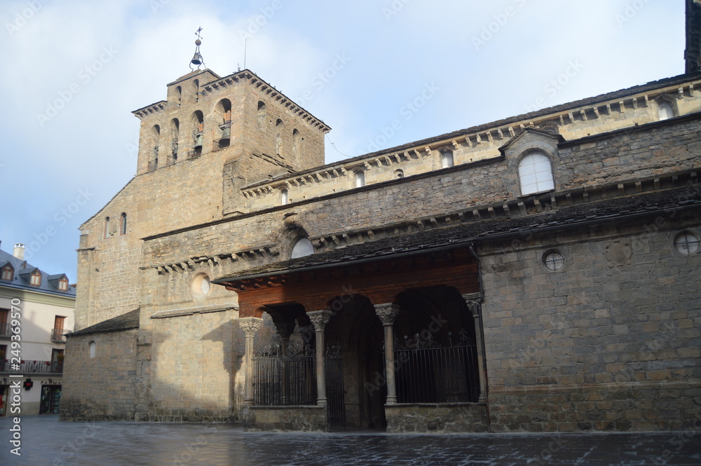 Entrance To The Cathedral Of Jaca Of Roman Style Dating In The XI Century In Jaca. Travel, Landscapes, Nature, Architecture. December 27, 2014. Jaca, Huesca, Aragon.