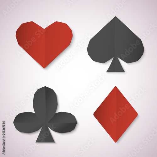 Set of playing card sign symbols. Paper art of four card shapes. Vector illustration for casino and poker games. Decorative design for cards, posters, flyers.