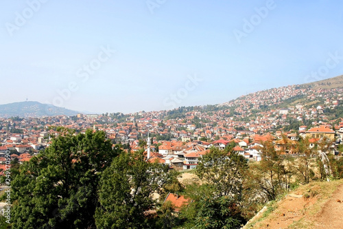 Aerial view of Sarajevo, Bosnia and Herzegovina, from Yellow Fortress on sunny day.