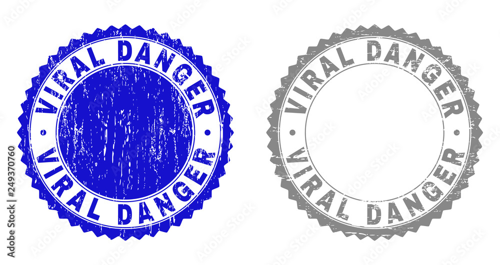 Obraz premium Grunge VIRAL DANGER stamp seals isolated on a white background. Rosette seals with grunge texture in blue and grey colors. Vector rubber stamp imitation of VIRAL DANGER title inside round rosette.