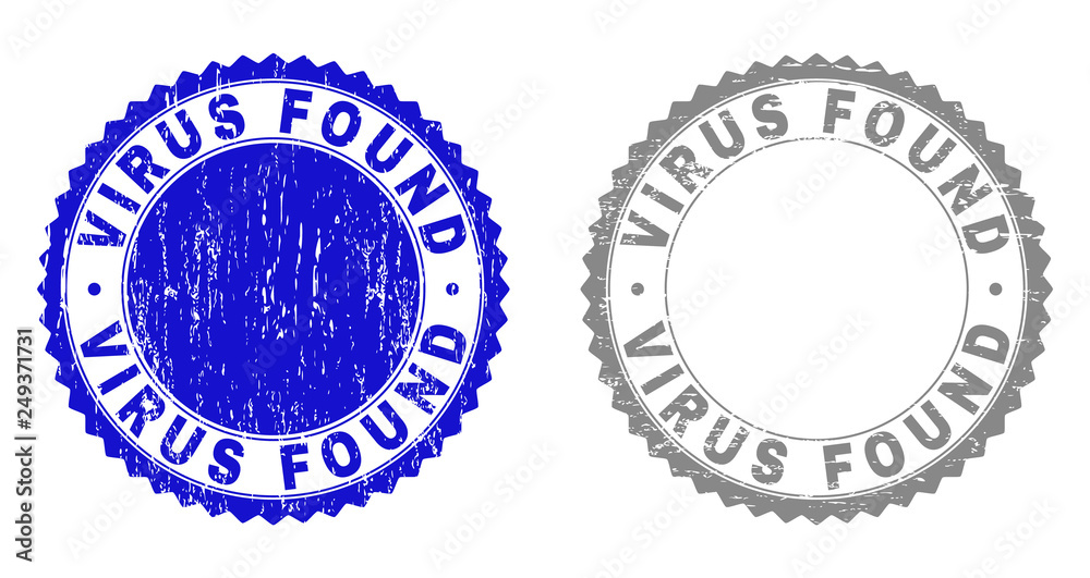 Grunge VIRUS FOUND stamp seals isolated on a white background. Rosette seals with grunge texture in blue and grey colors. Vector rubber watermark of VIRUS FOUND tag inside round rosette. Grunge VIRUS FOUND stamp seals isolated on a white background. Rosette seals with grunge texture in blue and grey colors. Vector rubber watermark of VIRUS FOUND tag inside round rosette.