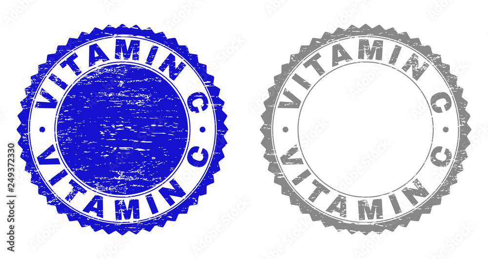 Grunge VITAMIN C stamp seals isolated on a white background. Rosette seals with grunge texture in blue and grey colors. Vector rubber watermark of VITAMIN C label inside round rosette. Grunge VITAMIN C stamp seals isolated on a white background. Rosette seals with grunge texture in blue and grey colors. Vector rubber watermark of VITAMIN C label inside round rosette.