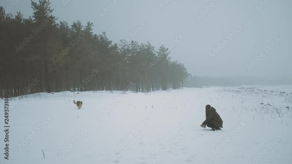 Winter snow vacation. Young woman with mixbreed dog near the frozen river, foggy cloudy weather in the forest near river. Winter snow vacation. Young woman with mixbreed dog near the frozen river, foggy cloudy weather in the forest near river.