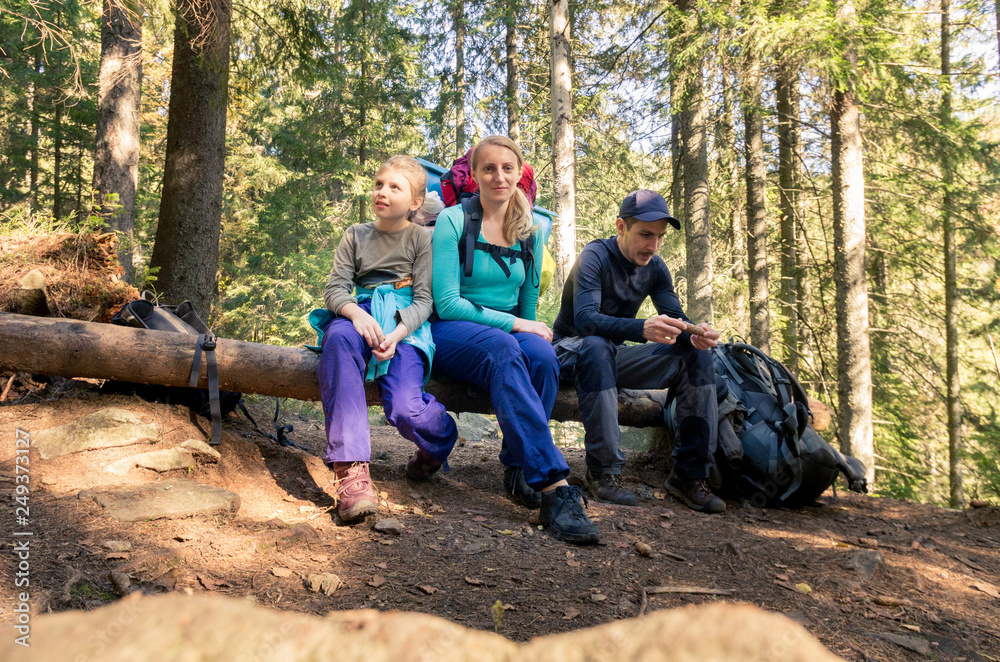 Family in the forest. The family of tourists in the forest. Family in a hike. Family in the forest. The family of tourists in the forest. Family in a hike.